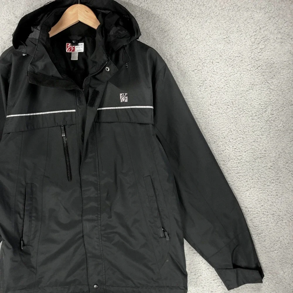 Chick-fil-A Oobe Mens Medium Black Ripstop Hooded Rain Jacket Reflective Uniform